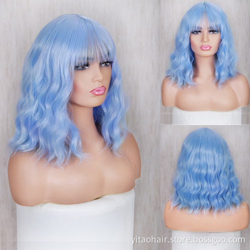 Blue Wavy Wig with Flat Bangs 14" Synthetic Natural Hair Heat Resistant Fiber Cosplay Wig for Women